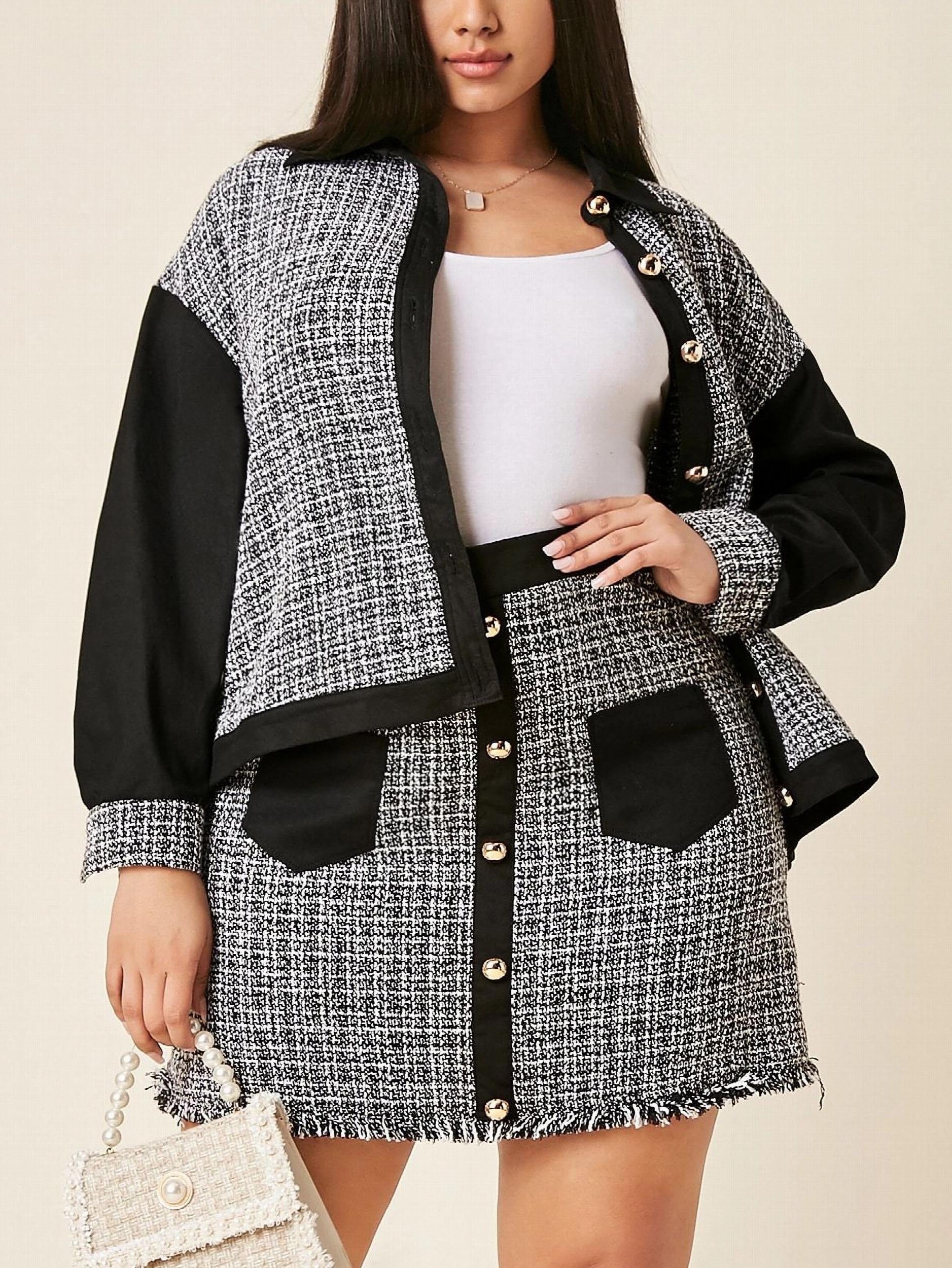  Colorblock Tweed Long Sleeve Coat & Midi Skirt Outfit Set