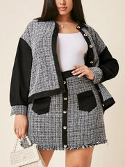  Colorblock Tweed Long Sleeve Coat & Midi Skirt Outfit Set