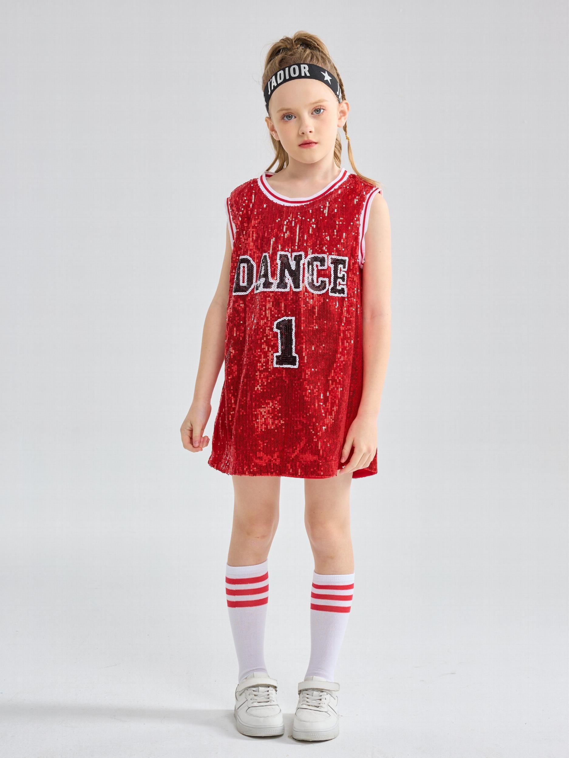Girls Sequin Sleeveless T shirt Dress Socks Set For Dance Performance