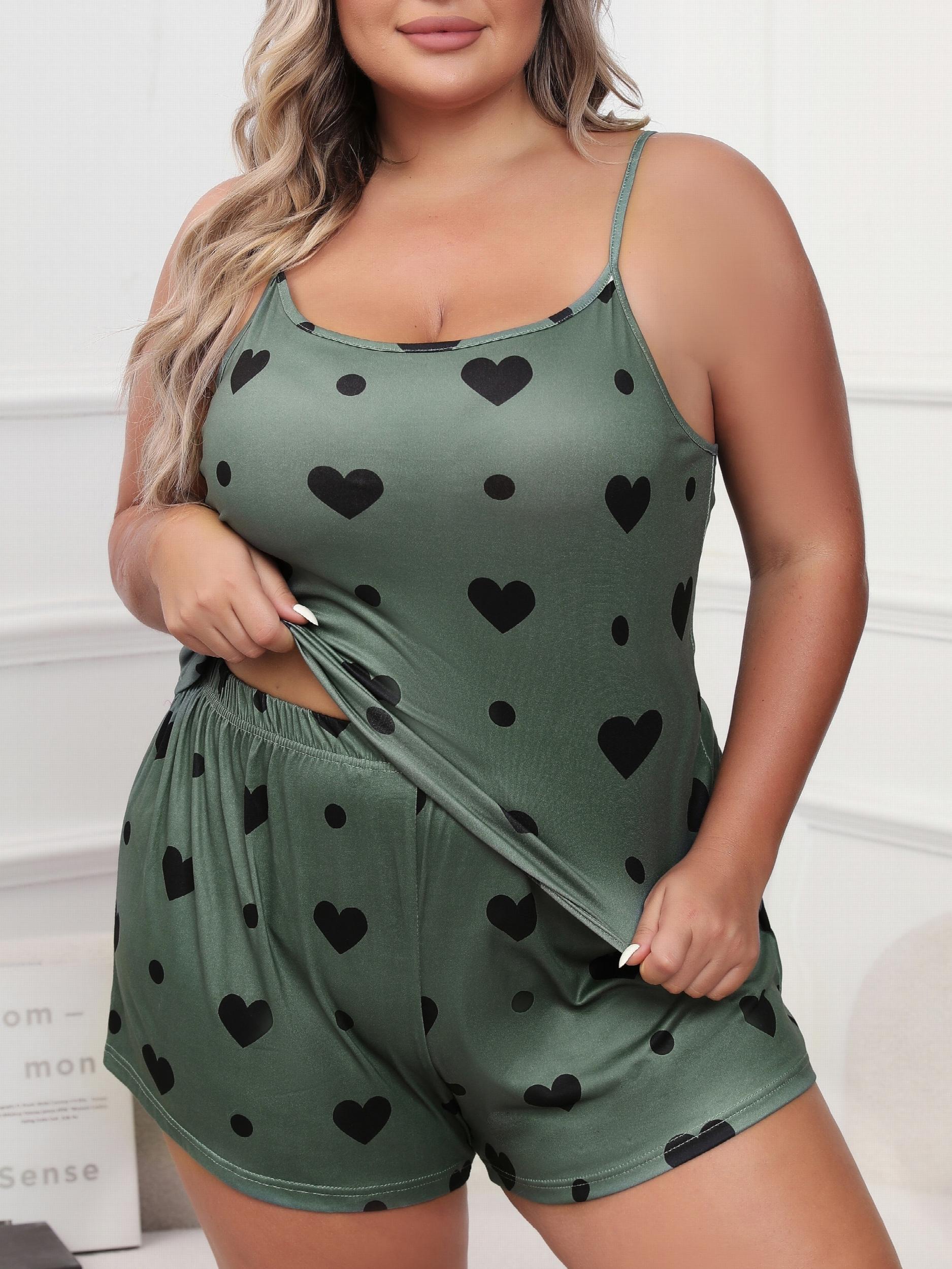  Heart & Dot Print Pajama Set Women's Cami Top & Shorts Two Piece