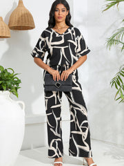 Abstract Print 2pc Set V Neck Half Sleeve Tops & Wide Leg Pants