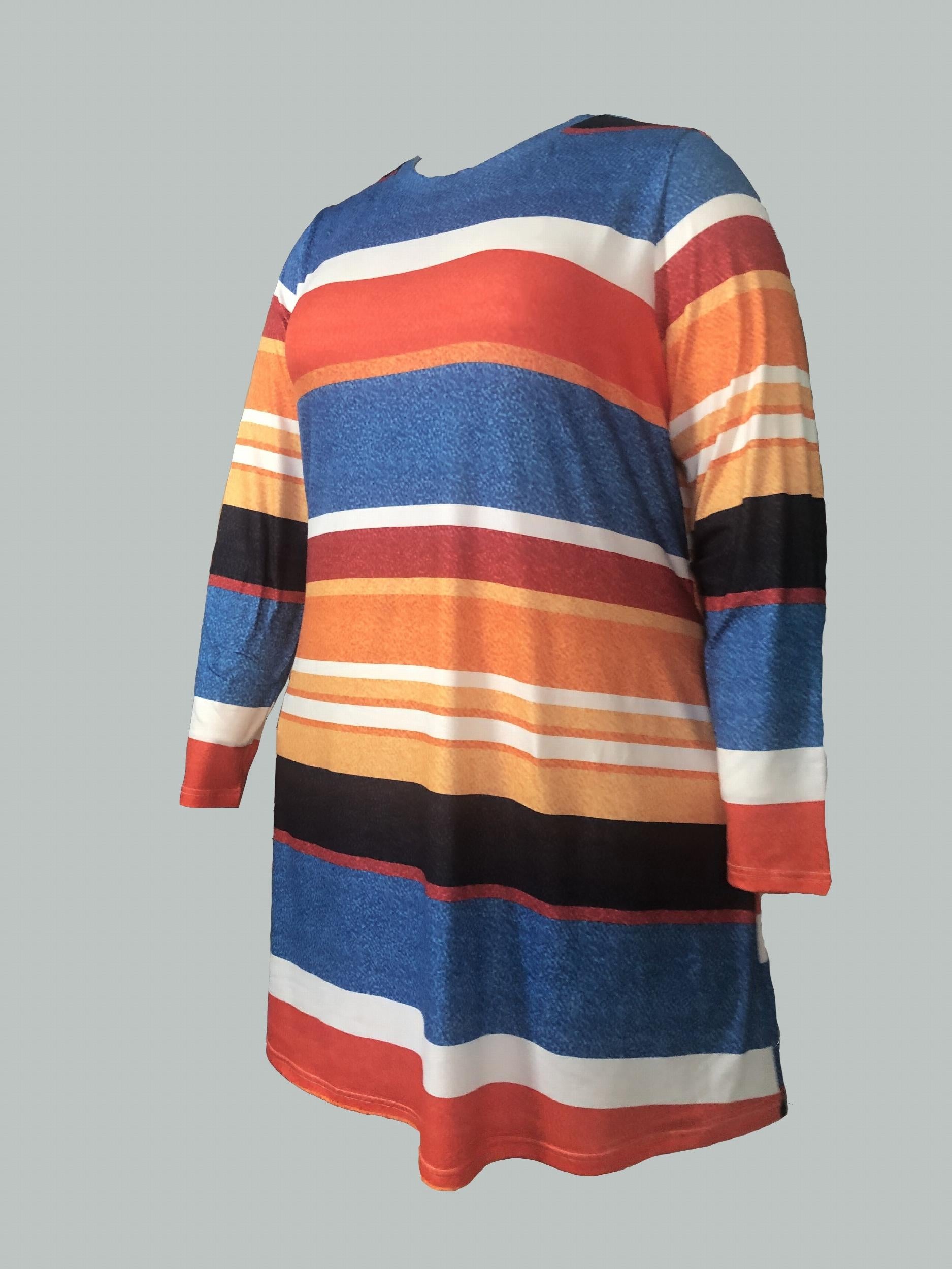  Colorblock Stripe Print Long Sleeve Dress With Pockets