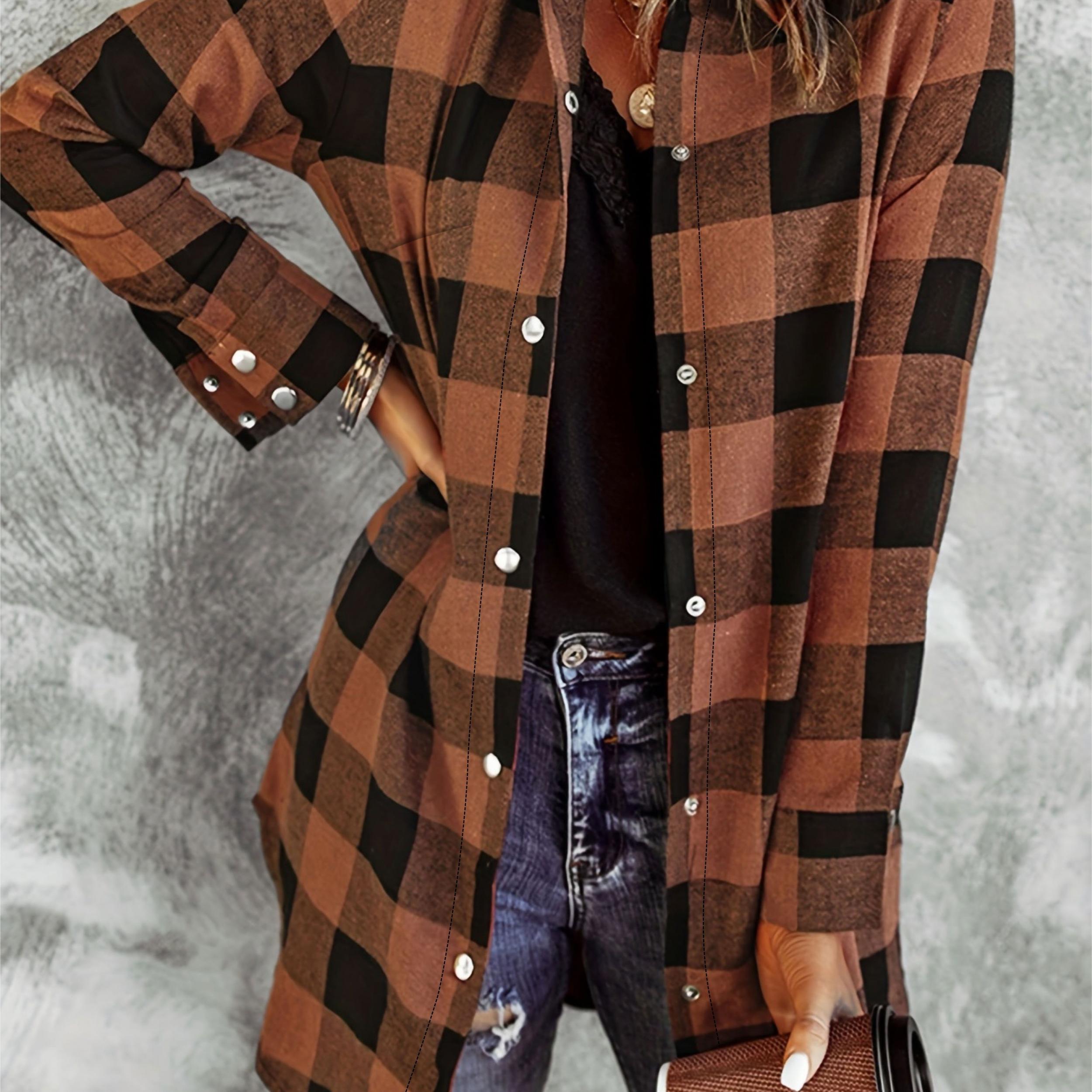  Plaid Print Long Sleeve Button Up Tunic Shirt
