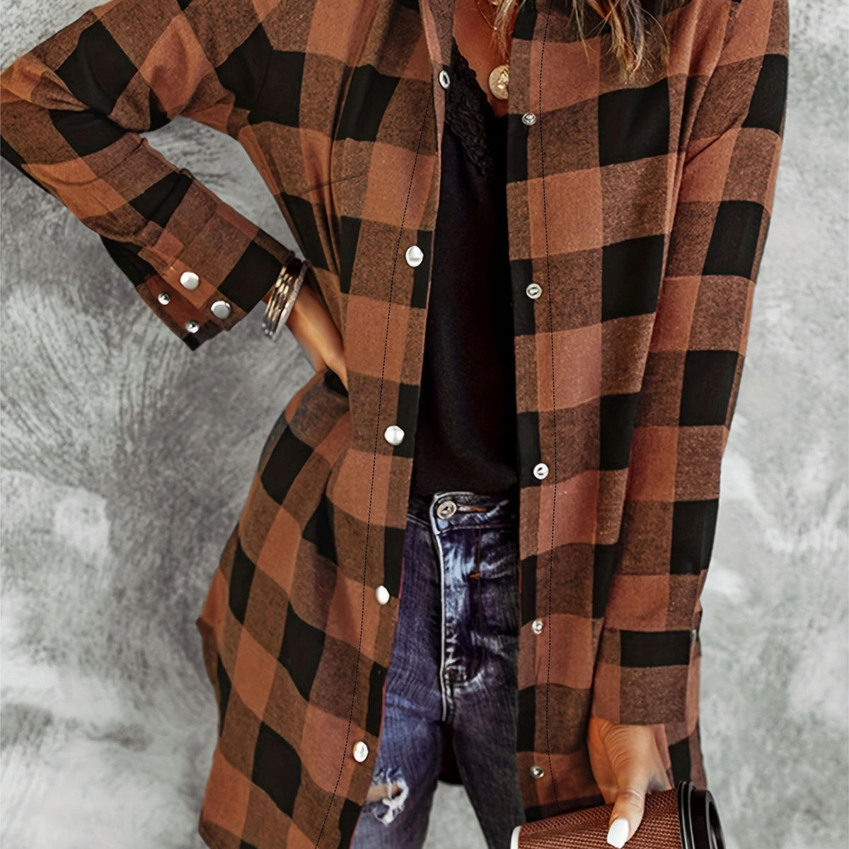  Plaid Print Long Sleeve Button Up Tunic Shirt