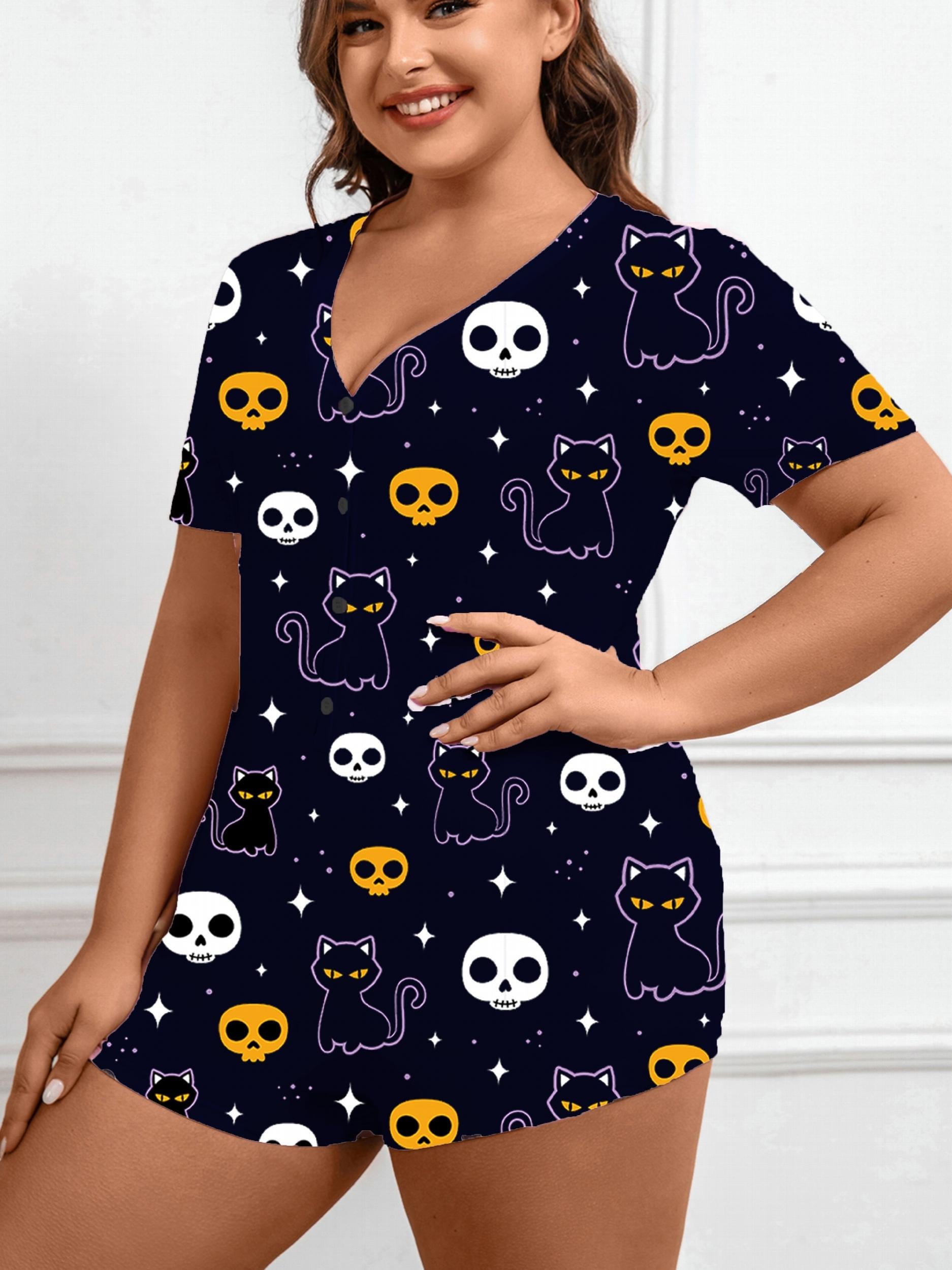  Halloween Sleepwear Romper Women Skull & Cat Print Lounge