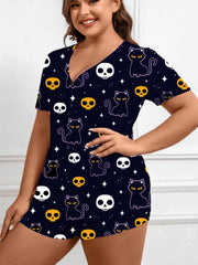  Halloween Sleepwear Romper Women Skull & Cat Print Lounge