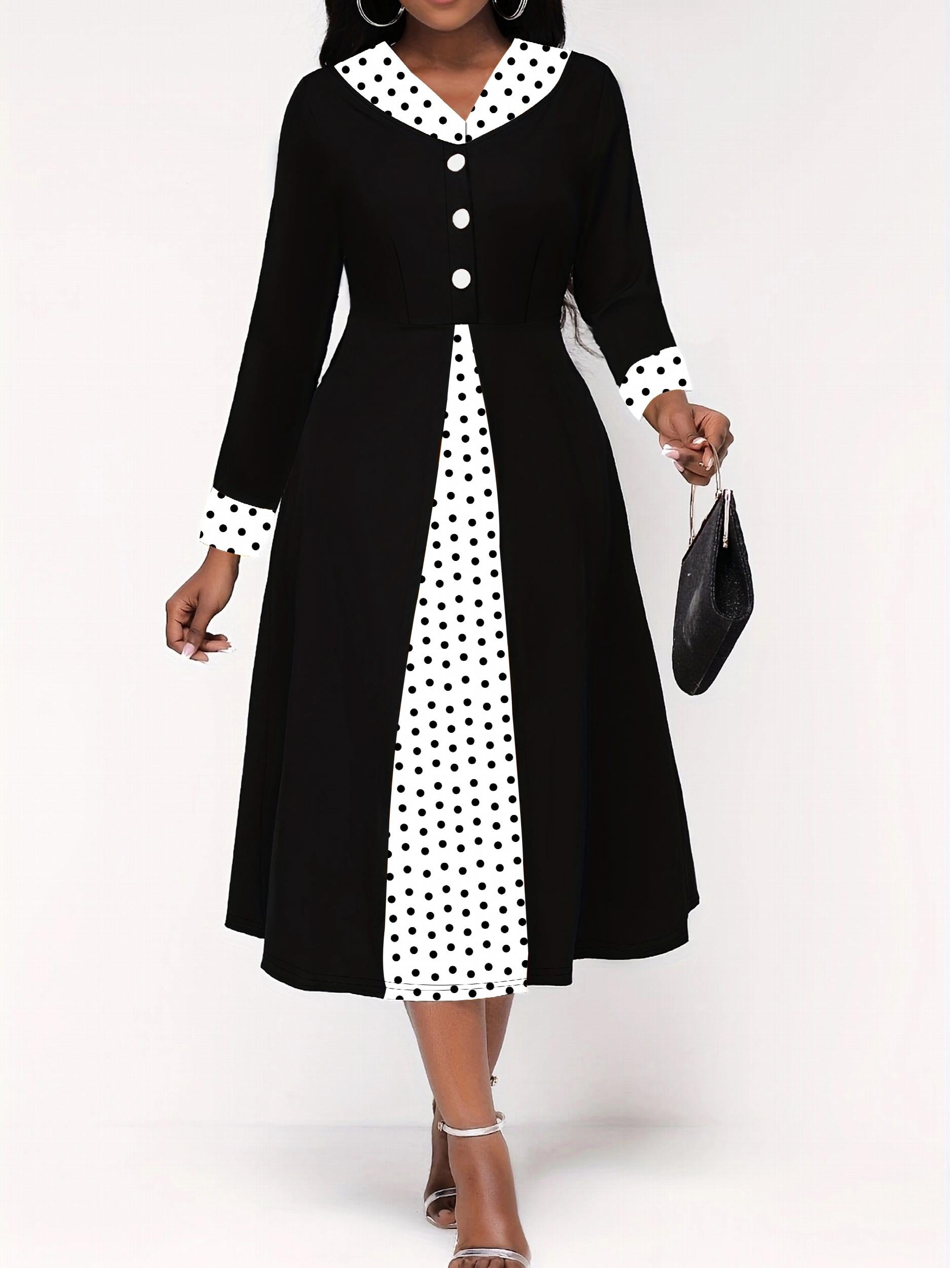  Retro Dress Colorblock Dot Print V Neck A line Midi Dress