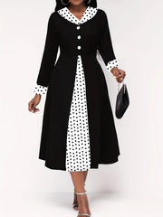 Retro Dress Colorblock Dot Print V Neck A line Midi Dress