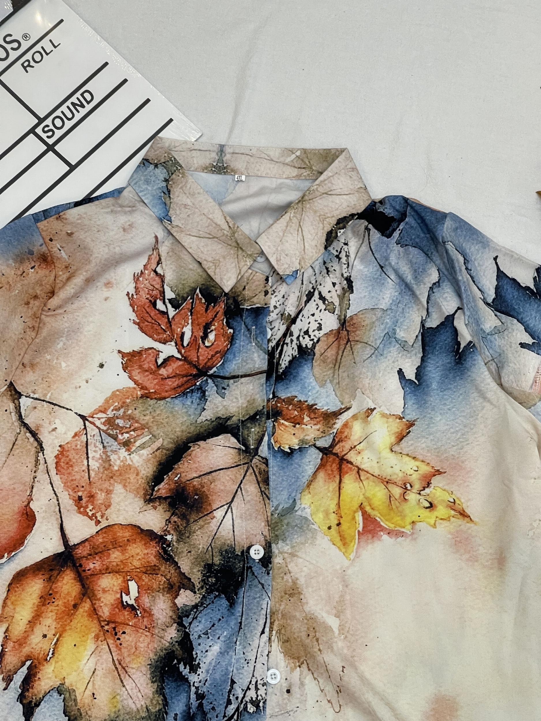  Leaf Print Cap Sleeve Blouse