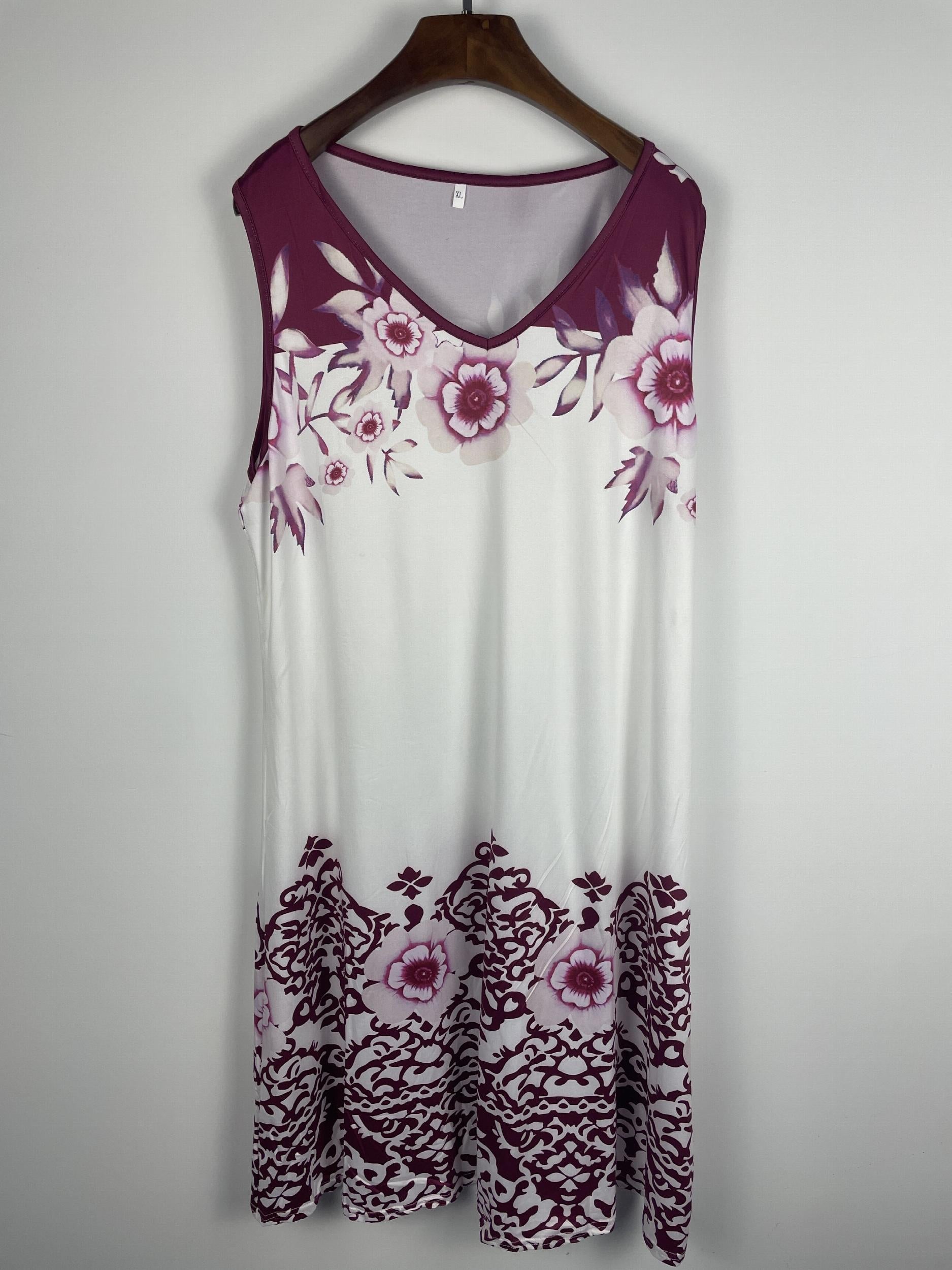 Boho Floral Print V Neck Tank Dress Plus Size