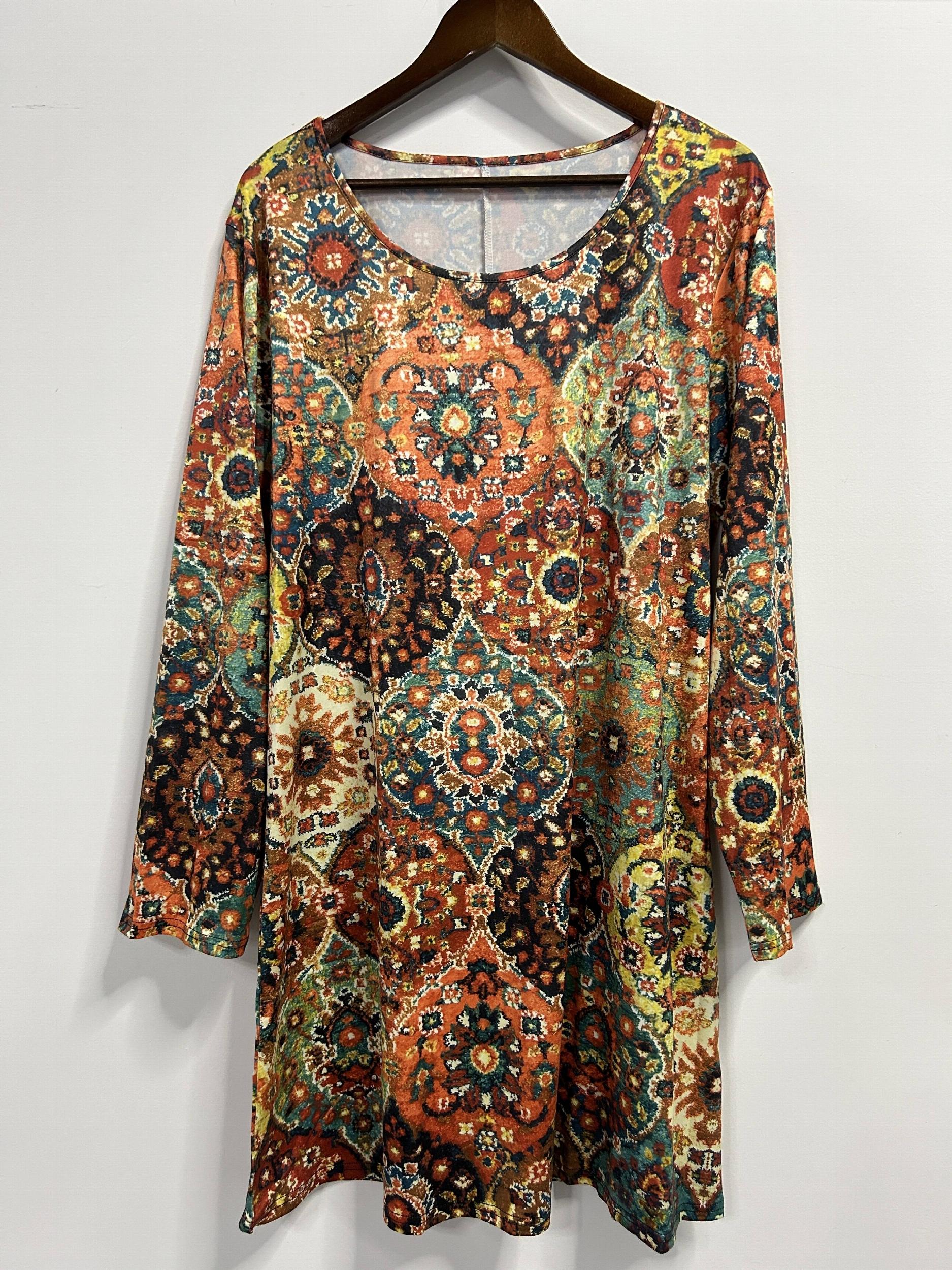  Floral Print Long Sleeve Round Neck Dress