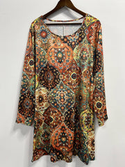  Floral Print Long Sleeve Round Neck Dress