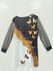  Women's Colorblock Butterfly Print Mesh Sleeve Dress