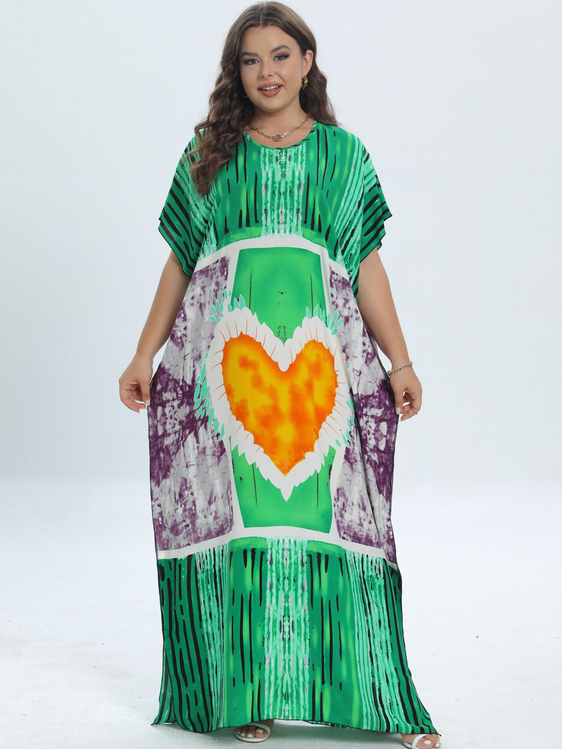  Heart Print Tie Dye Kaftan Dress