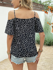 Ditsy Hearts Print Spaghetti Strap Blouse Off Shoulder Casual Top