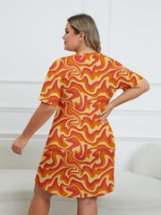  Wavy Print Round Neck Short Sleeve Dress
