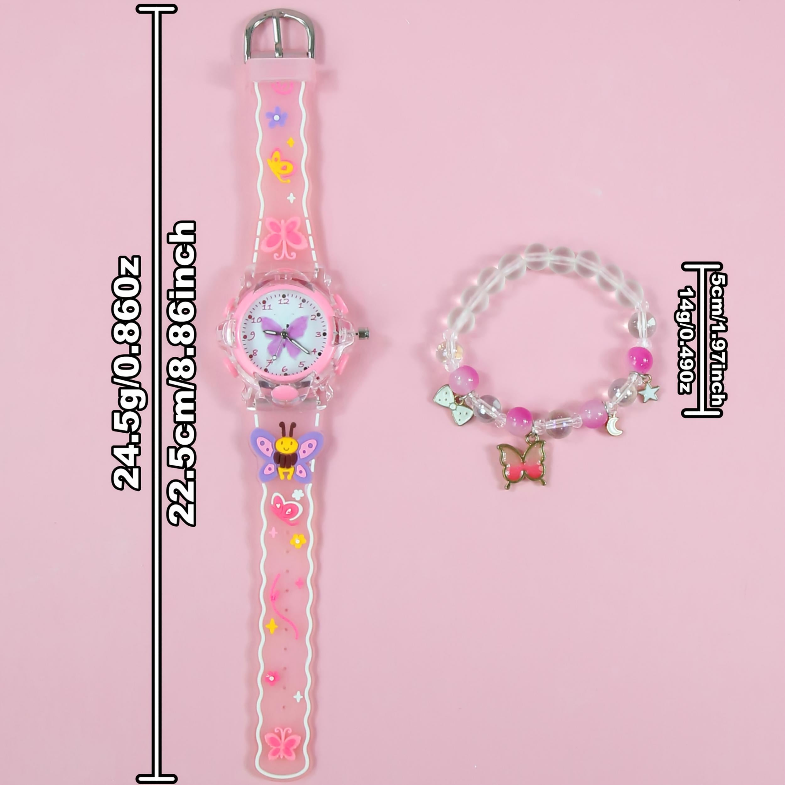 2pcs Girls' Quartz Watch Set with Butterfly Silicone Strap & LED Light