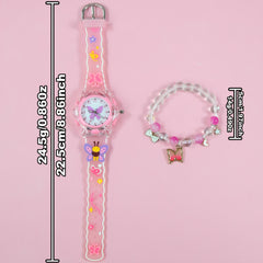 2pcs Girls' Quartz Watch Set with Butterfly Silicone Strap & LED Light