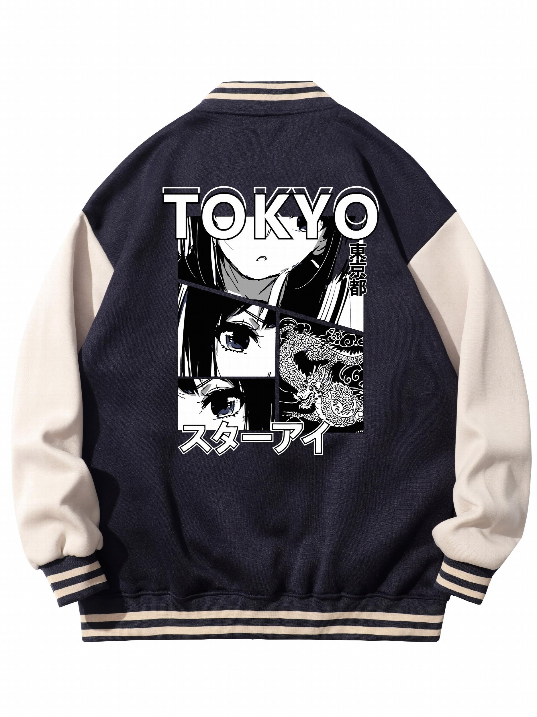 Anime Portrait Embroidery Varsity Jacket Men's Casual Block Button Up
