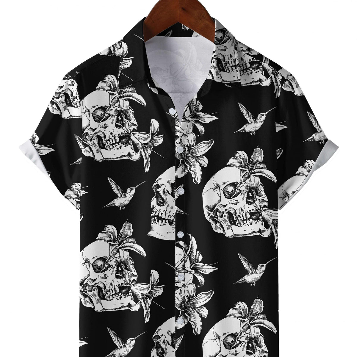 Men's Flower & Skull Print Hawaiian Shirt