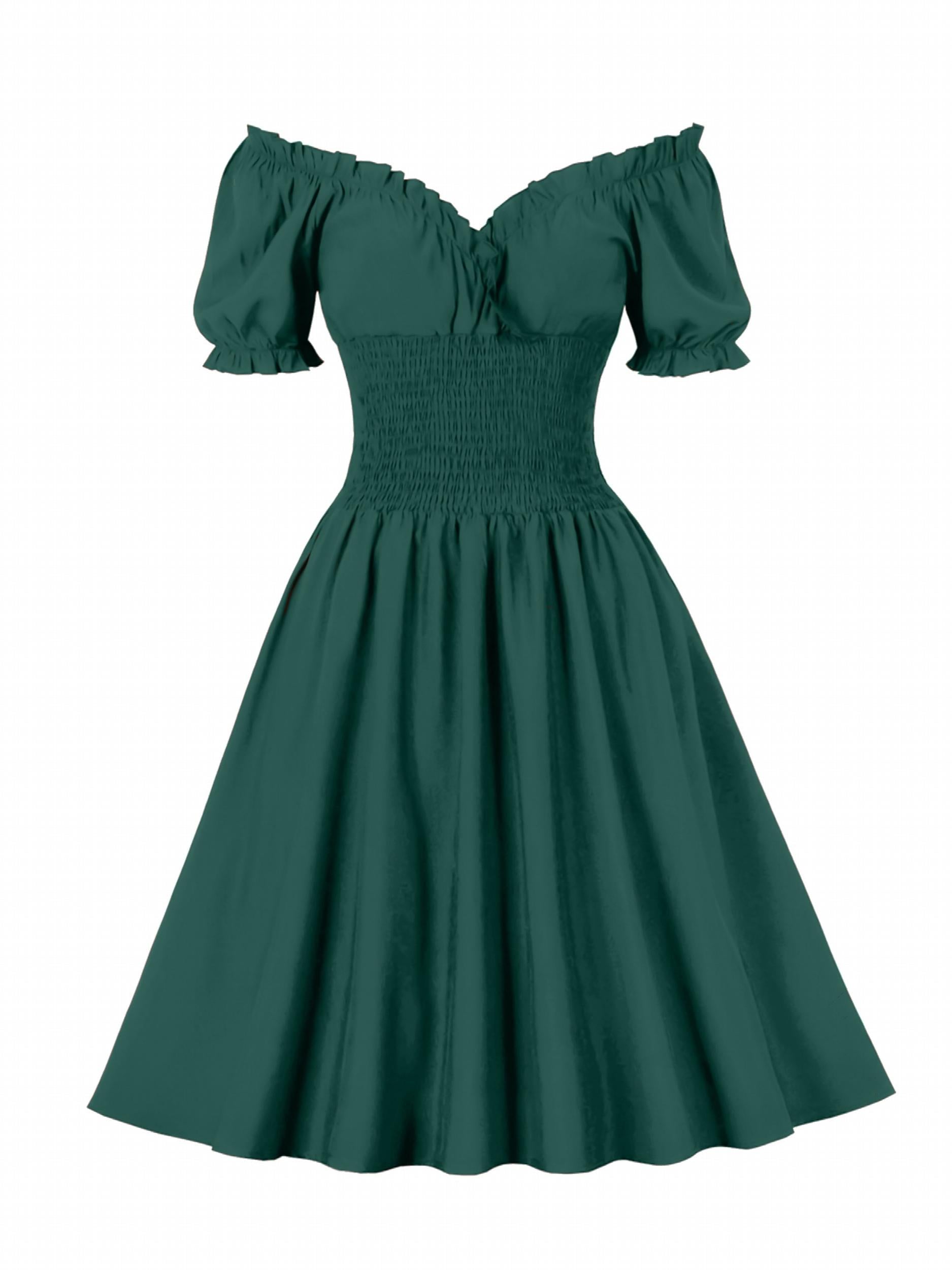  Retro Dress Off Shoulder Puff Sleeve V Neck Swing A line Dress