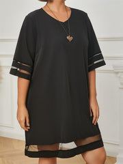  Casual Dress Women's Solid Contrast Mesh Half Sleeve V Neck Dress