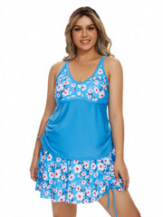  Floral Print Tankini Set Women's Lace Up Top & Skirt Swimsuit