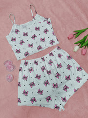 Bow Print Pajama Set Crew Neck Cami Top & Shorts Sleepwear Loungewear
