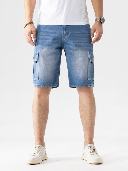 Men's Distressed Denim Shorts with Flap Pockets