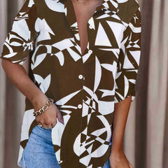  Print Long Sleeve Button-Up Collar Blouse