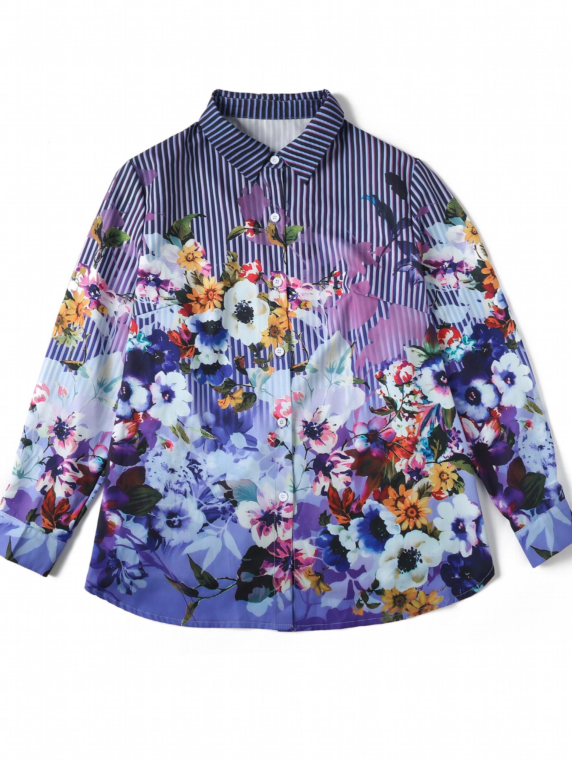  Floral & Stripe Print Long Sleeve Shirt Top