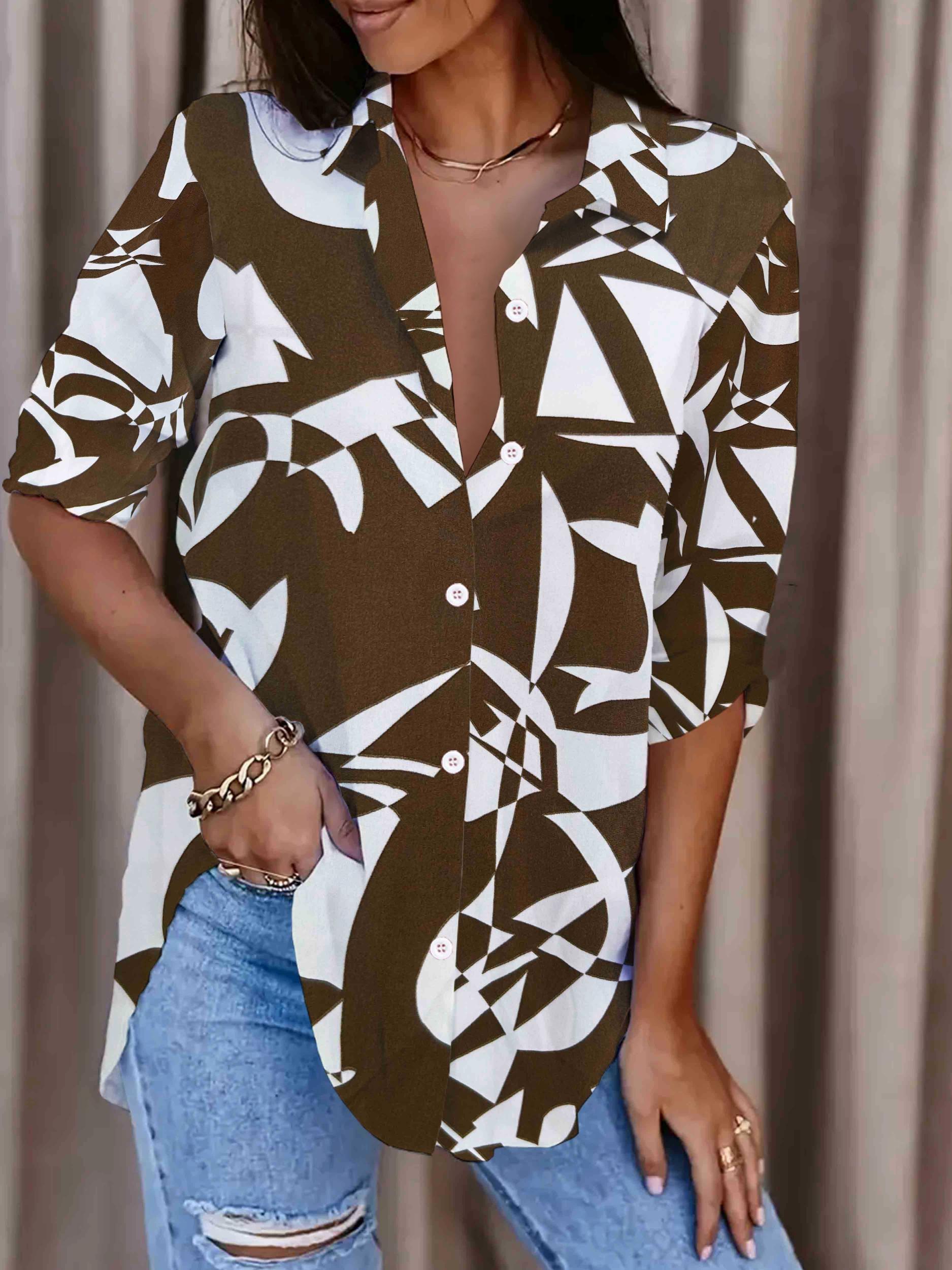 Print Long Sleeve Button-Up Collar Blouse