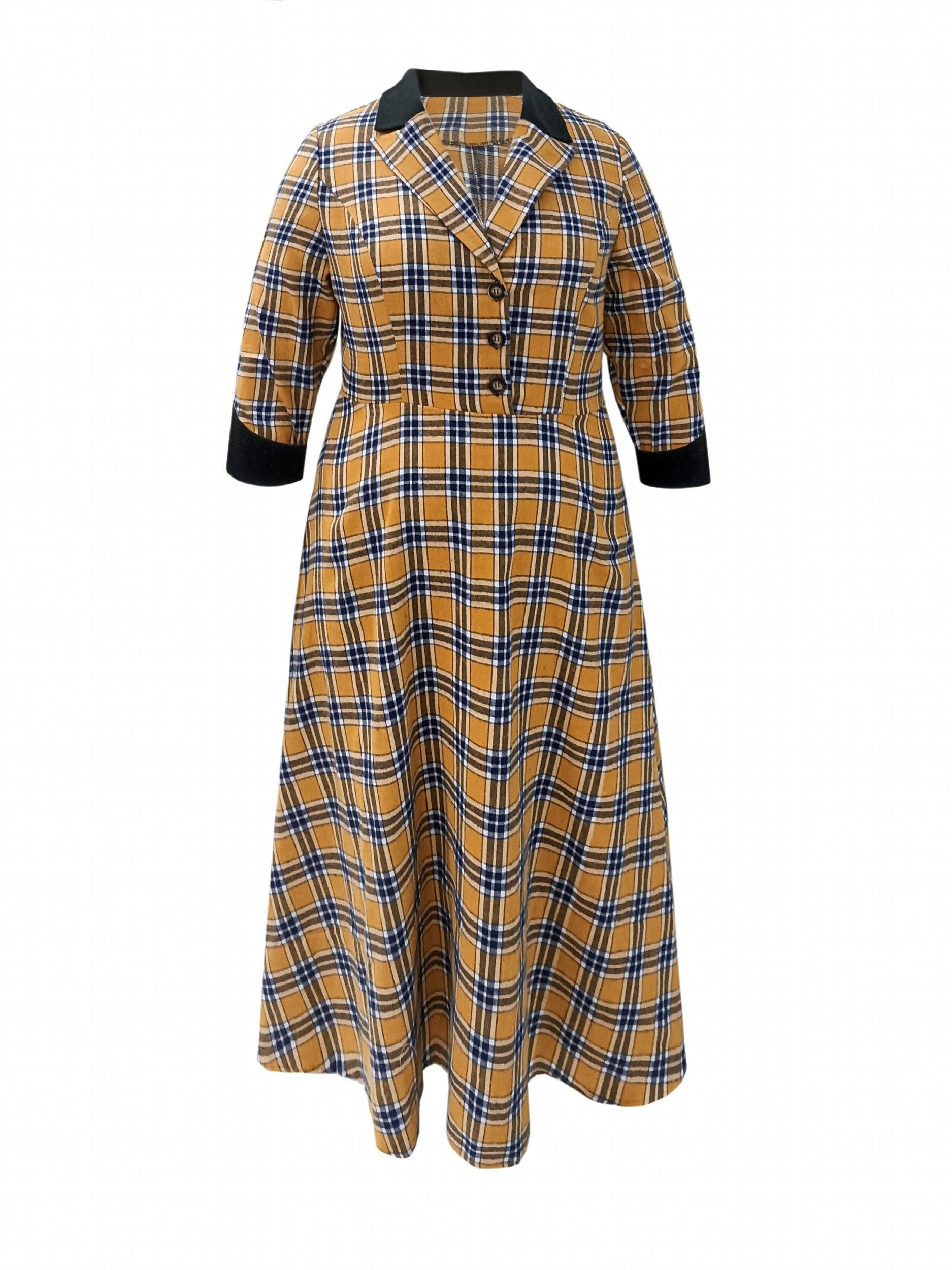  Plaid Print Button Detail A line Maxi Dress