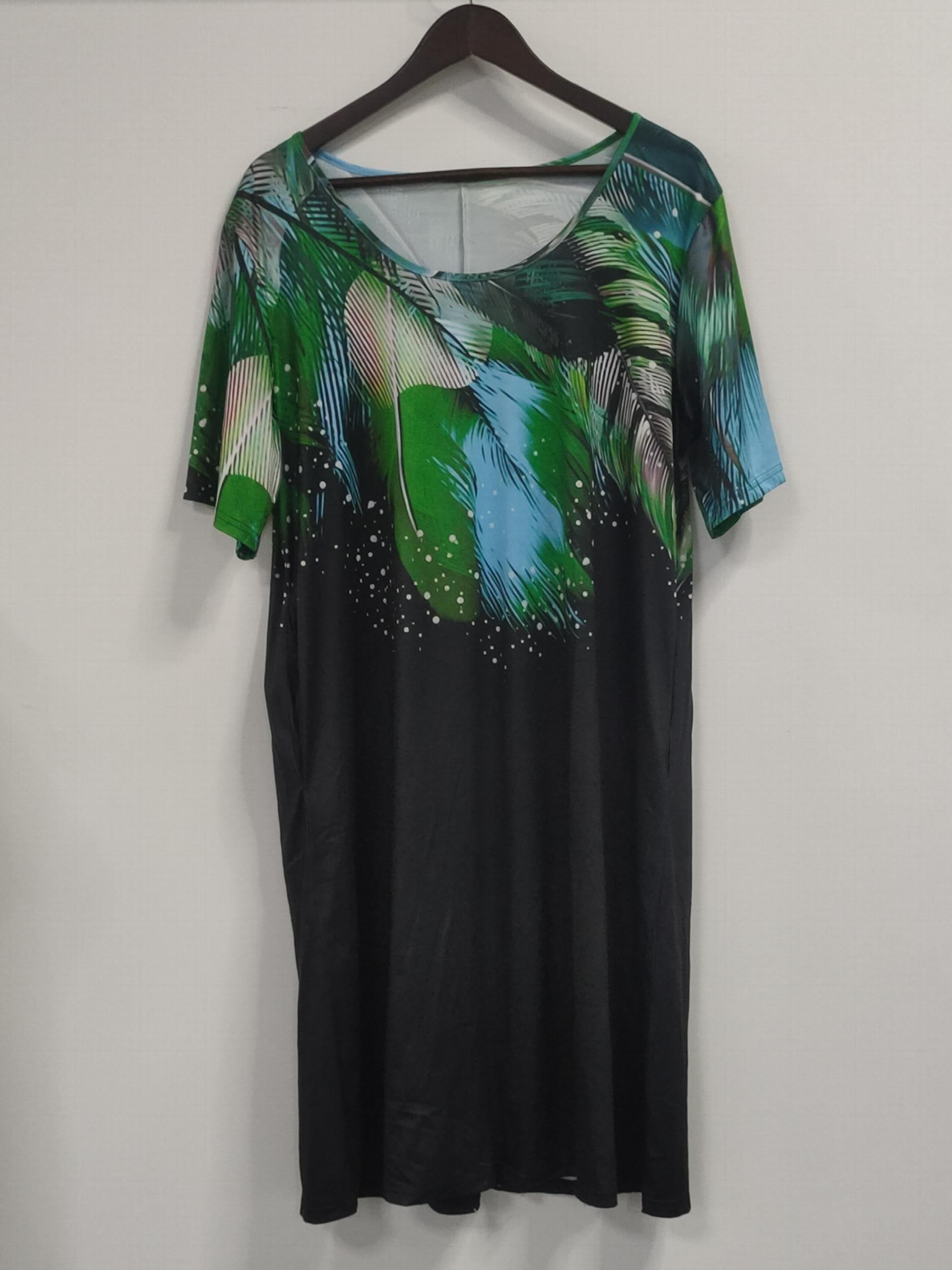 Leaf Print Short Sleeve Casual Dress With Pockets