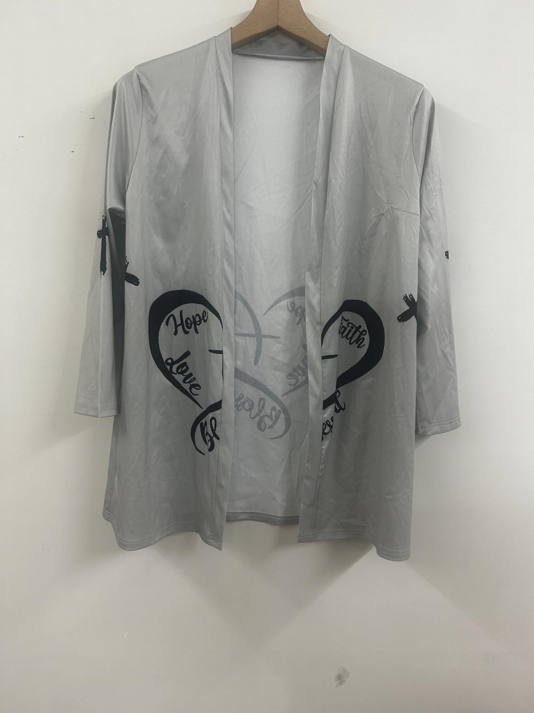  Women's Open Front Cardigan Heart & Letter Print Long Sleeve