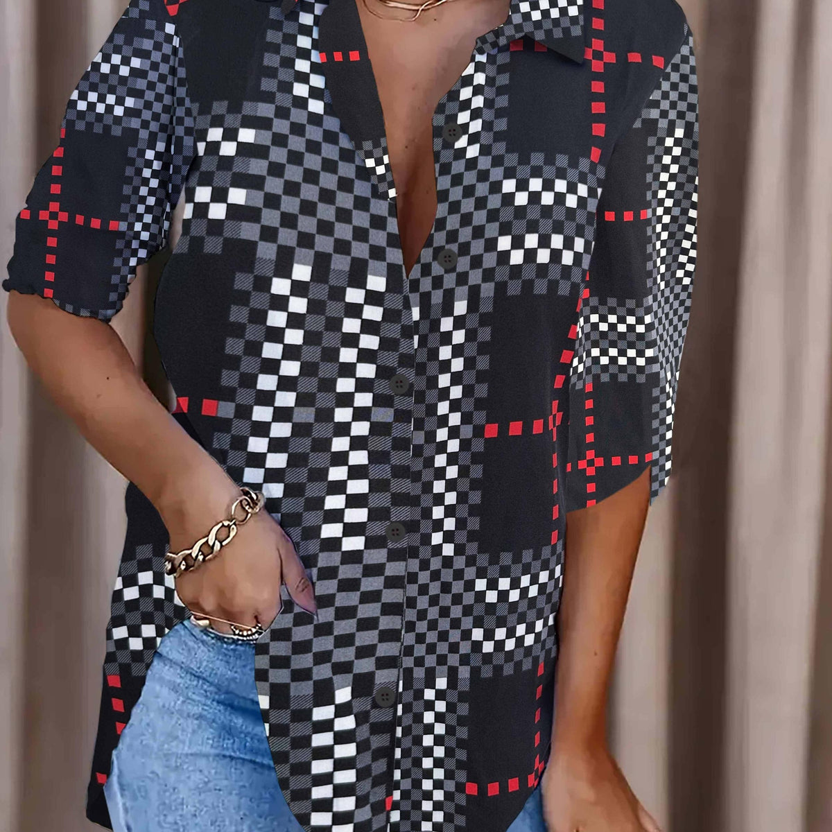  Geometric Print Long Sleeve Button Up Shirt