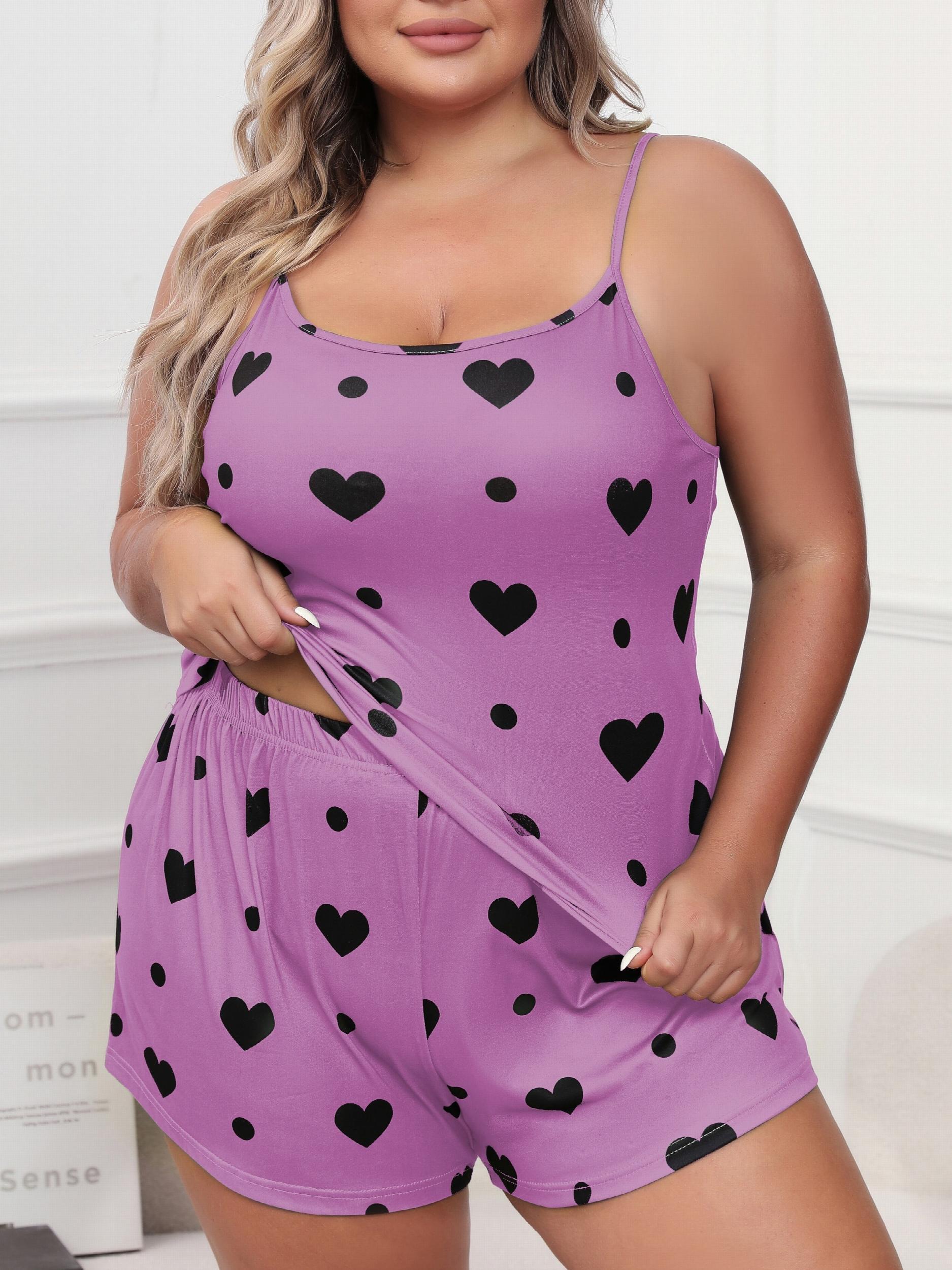  Heart & Dot Print Pajama Set Women's Cami Top & Shorts Two Piece