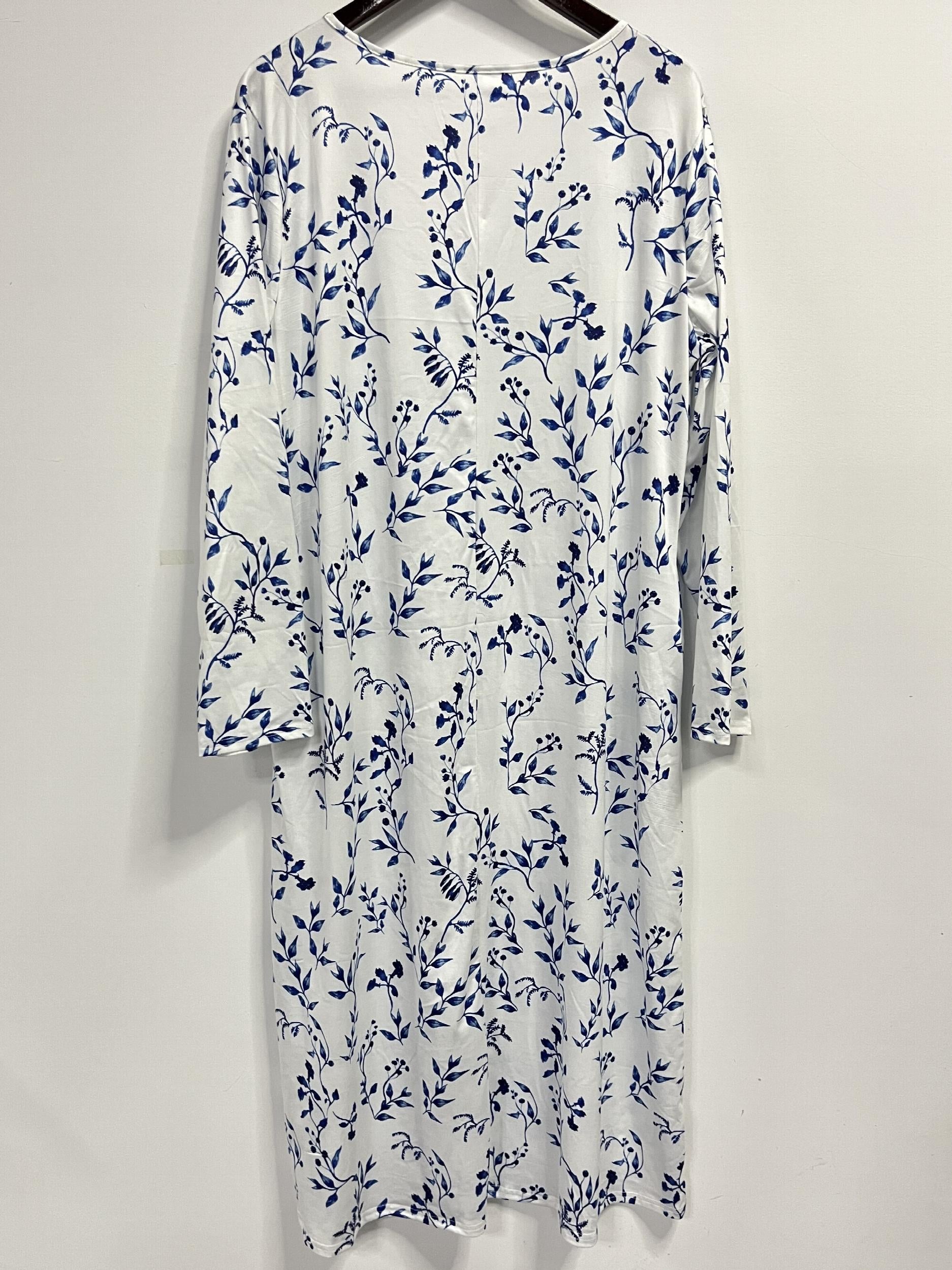  Floral Print Maxi Dress Notched Neck Long Sleeve With Pockets