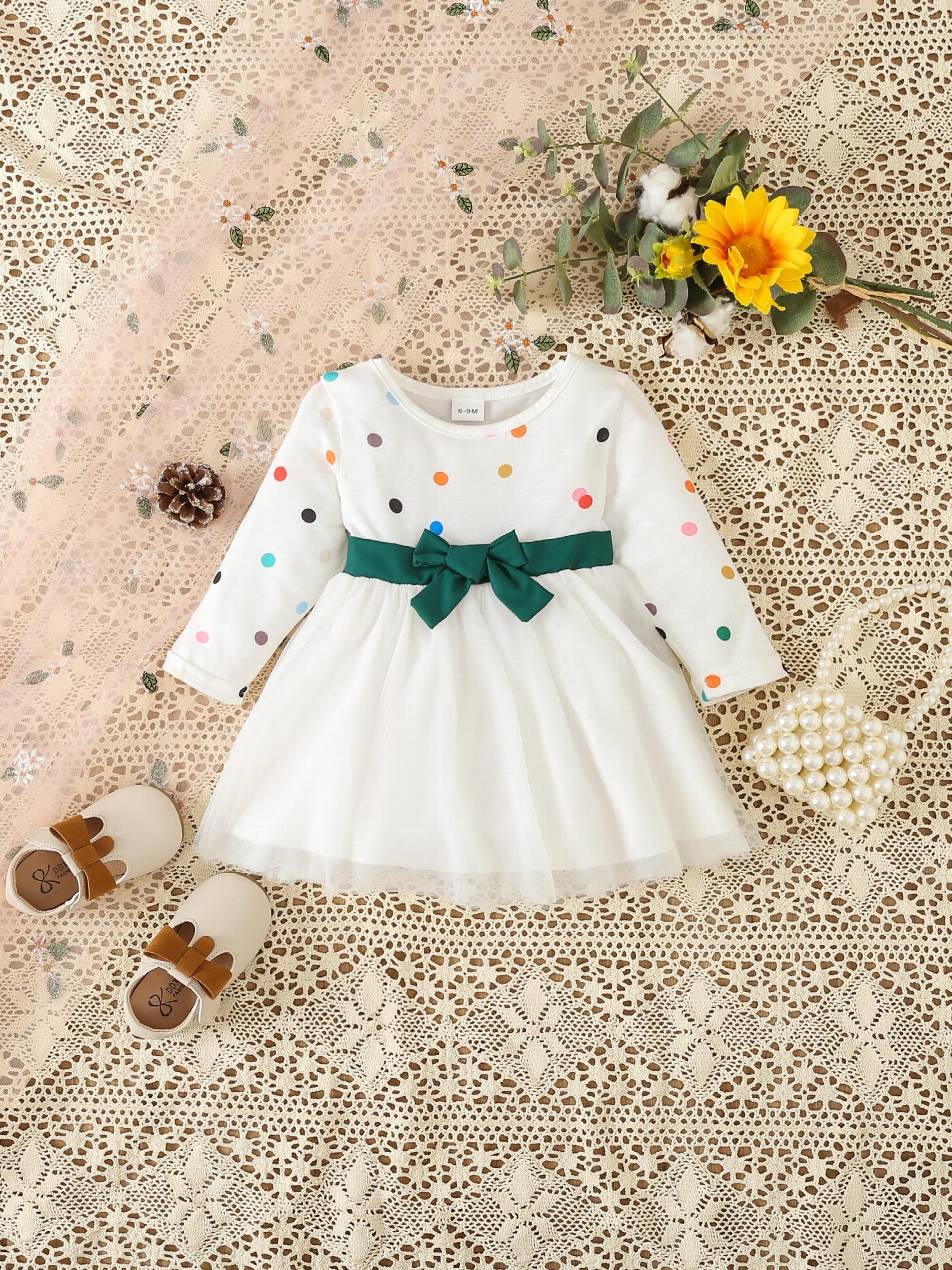 Baby Girls Colorful Dotted Mesh Belted Bow Dress Party Princess Dress