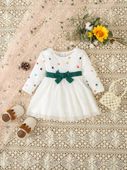 Baby Girls Colorful Dotted Mesh Belted Bow Dress Party Princess Dress