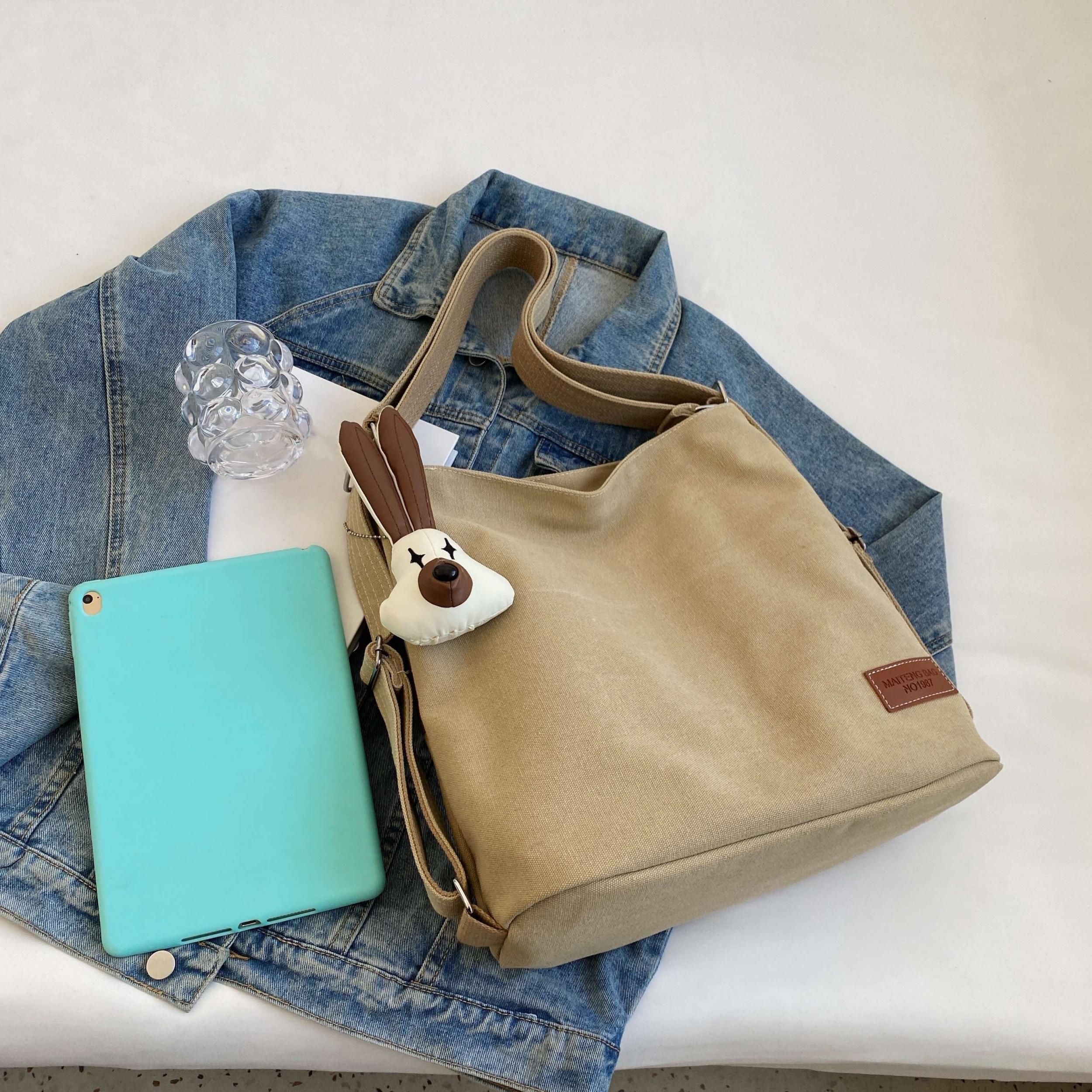 Khaki Canvas Durable Handbag Zipper Large Capacity Shoulder Bag