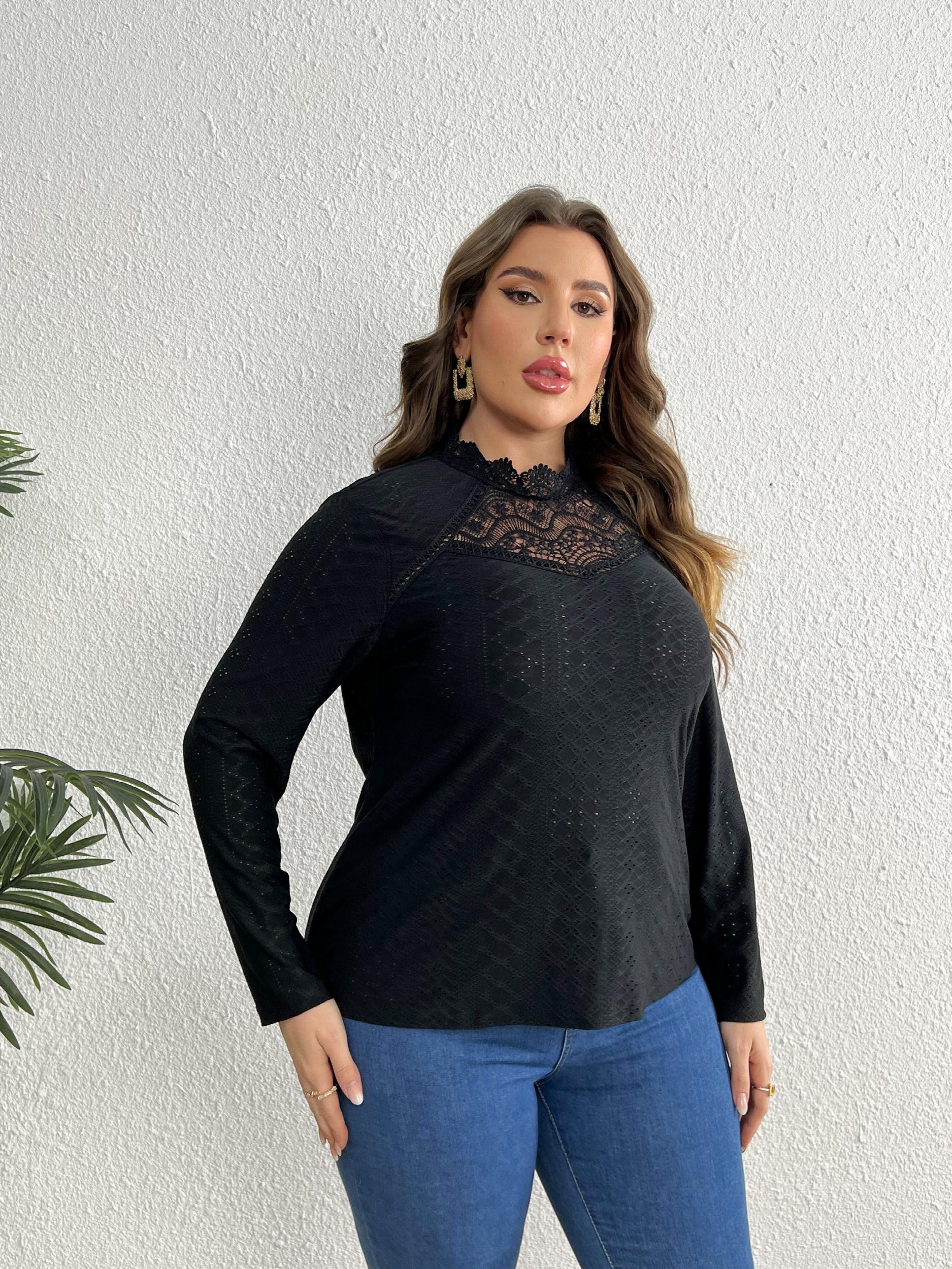  Lace Eyelet Embroidered Blouse Long Sleeve Floral Trim