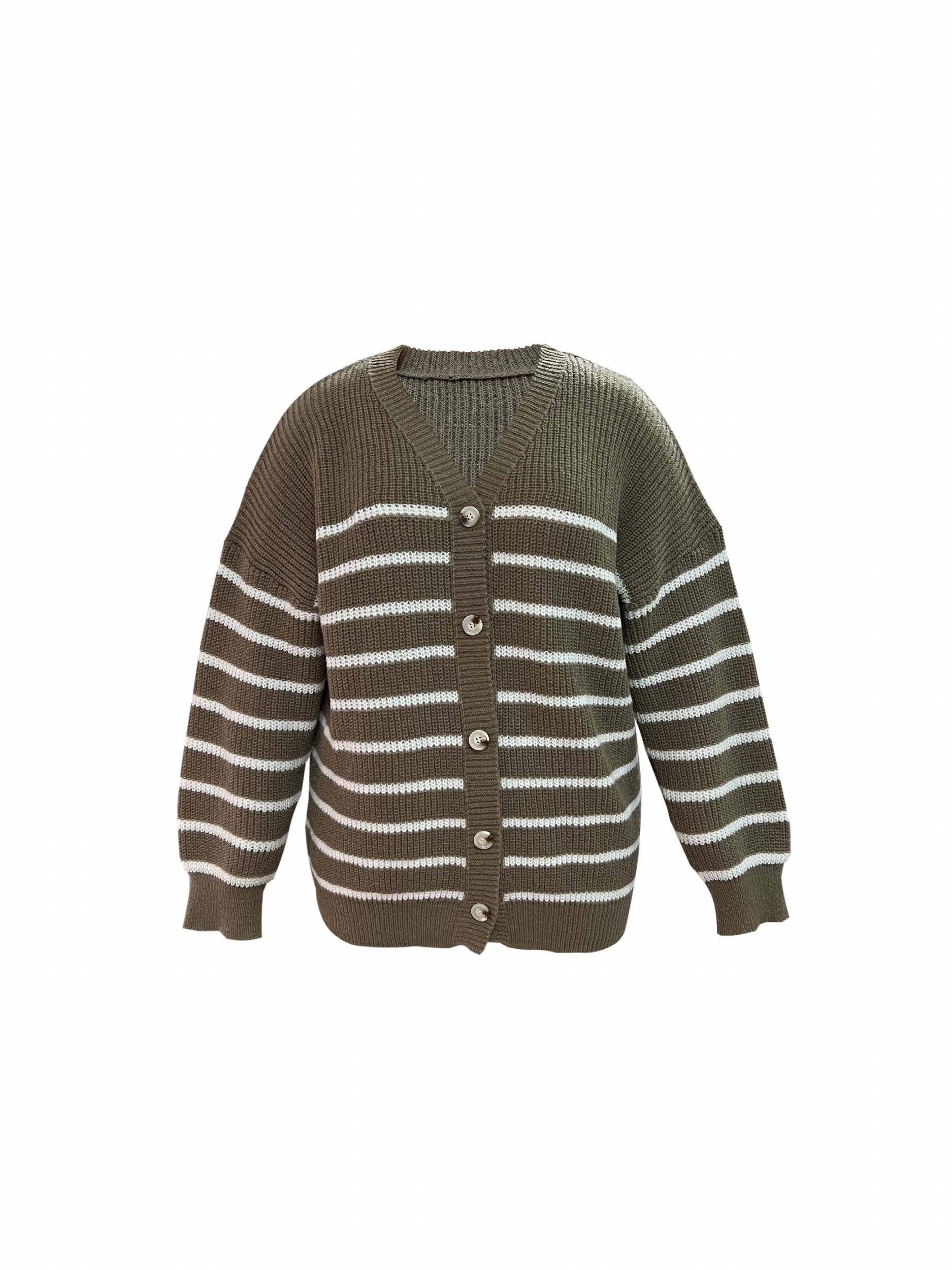  Stripe Print Button Up Long Sleeve Cardigan