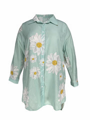  Daisy Print Button Up Long Sleeve Shirt Dress
