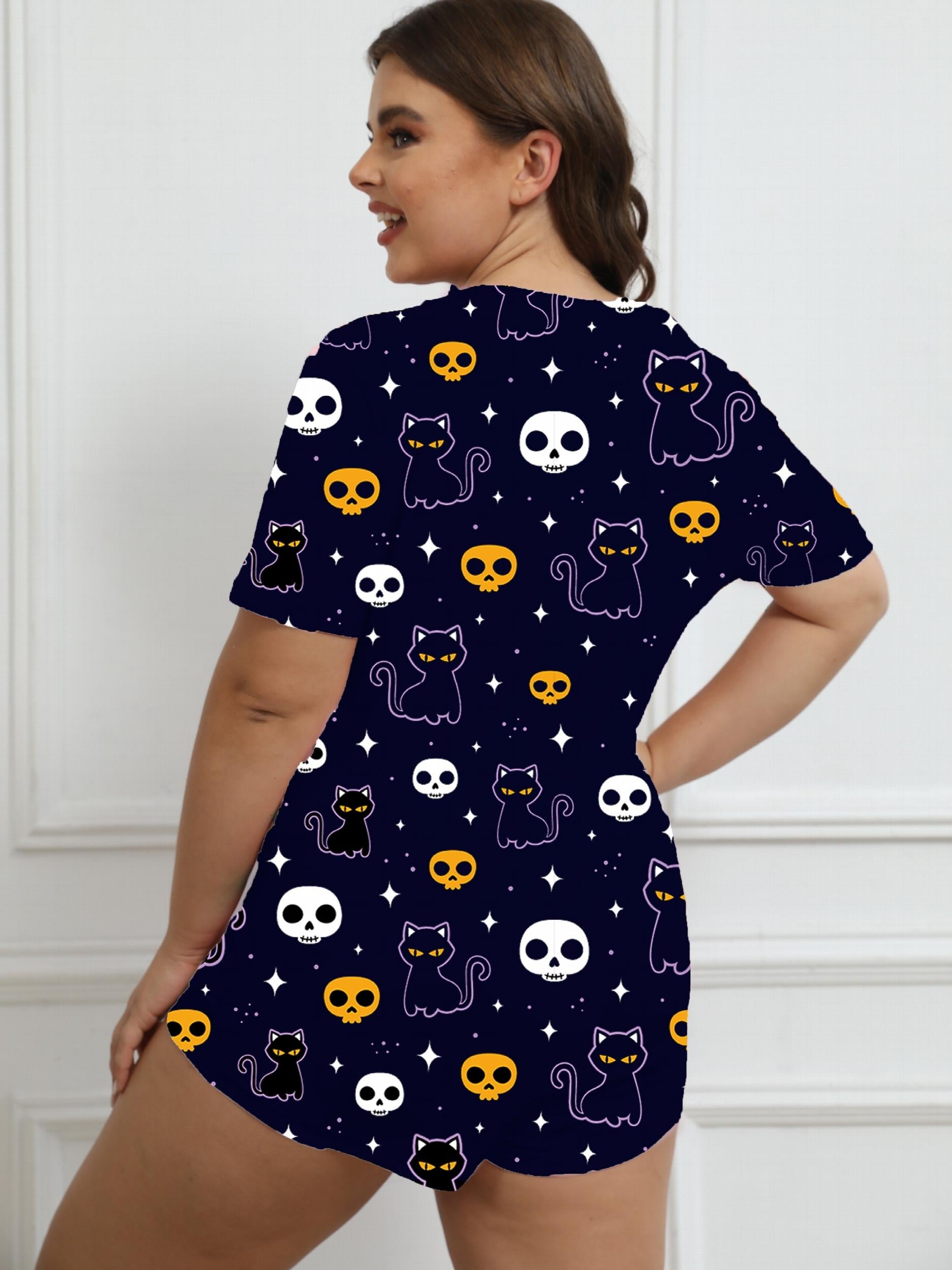  Halloween Sleepwear Romper Women Skull & Cat Print Lounge