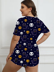  Halloween Sleepwear Romper Women Skull & Cat Print Lounge