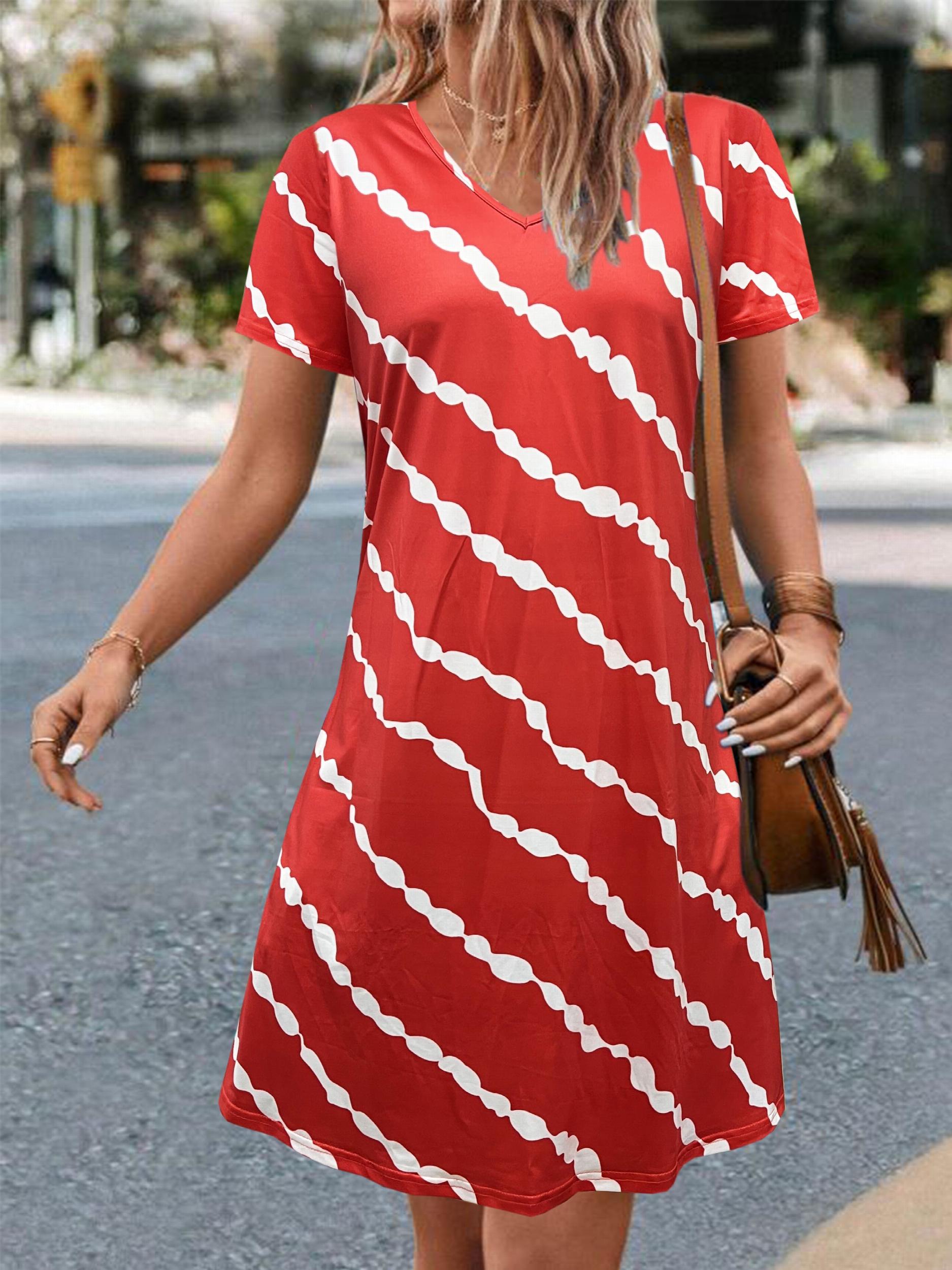  Stripe Print V Neck Medium Stretch Dress