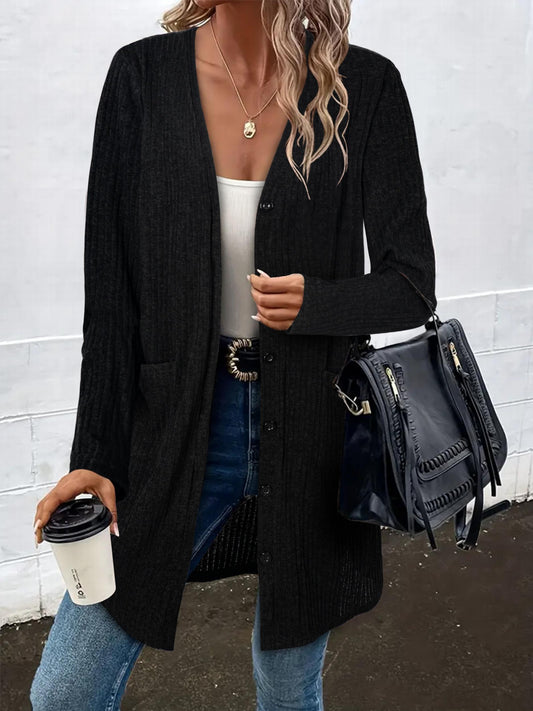  Solid Ribbed Long Sleeve Button Up Cardigan