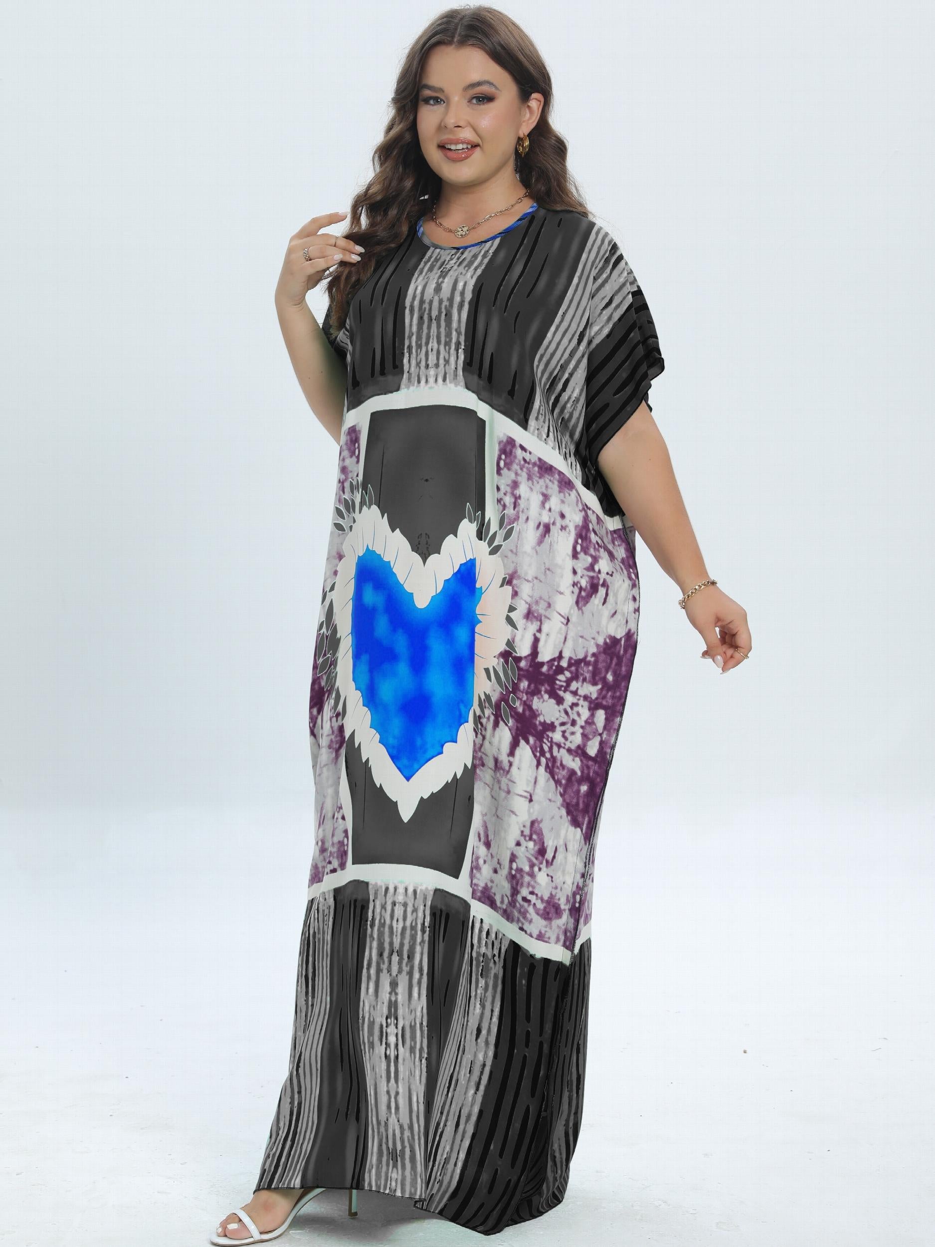  Heart Print Tie Dye Kaftan Dress