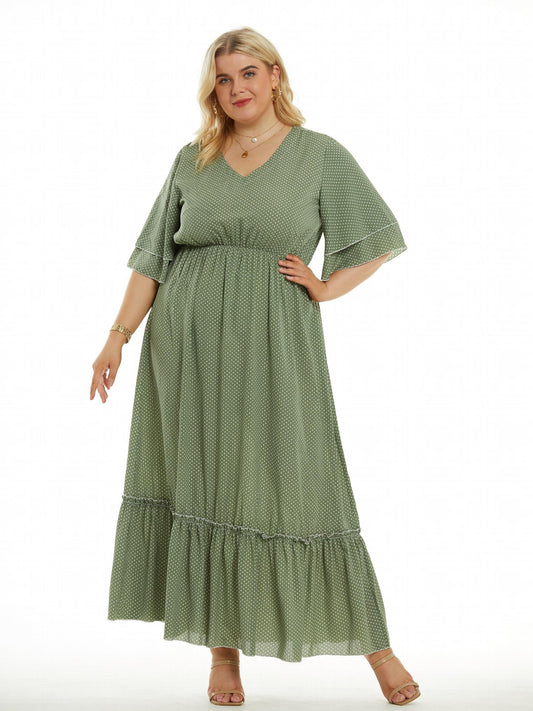  Dot Print Layered Bell Sleeve Maxi Dress